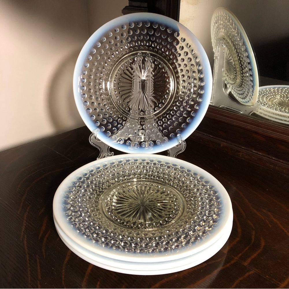 Four (4) Vintage Moonstone Opalescent Clear Glass Salad Plates -Anchor H…